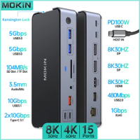 MOKiN 15 in 1 Docking Station for MacBook Air/Pro, iPad M1/M2, Thunderbolt Laptop - Dual Channels 4K60Hz, PD 100W, SD/TF, RJ45