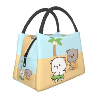 Peach And Goma Play Ghitar Insulated Lunch Bags for Women Couple Mochi Cat Cooler Thermal Bento Box 