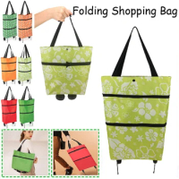 Folding Shopping Pull Cart Trolley Bag With Wheels Reusable Grocery Bag Food Organizer Vegetables Bag Waterproof Handbag
