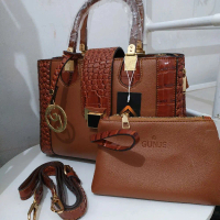 Gunje Tas Tangan dan Dompet Cokelat Kombinasi Bahan Miniso dan Kulit Buaya Imitasi Croco Elegan dan 