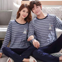 Spring and Autumn New Long Sleeve Blue Striped Couple Pajamas Rabbit Couple Outfit Spring and Autumn
