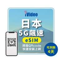 【iVideo】日本上網 eSIM 5G飆速4天上網 吃到飽(日本上網 日本網路 日本網卡 日本eSIM吃到飽)