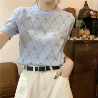 Sweet Spicy Girl Diamond Short Sleeve Knitted Base Shirt for Women Summer New Style -Inspired Rhines