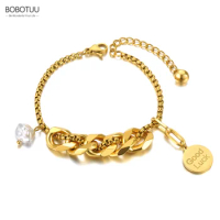 BOBOTUU Fashion Stainless Steel Good Luck Tag Charm Bracelets For Women Girls Bohemia Pearl Chain Link Bracelet Jewelry BB21097
