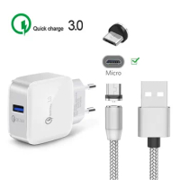 For Samsung A10 M10 A6 J4 J7 LG G3S Q60 K50 W30 cellphone QC 3.0 Fast charger + magnetic Micro USB Cable On Honor 9 lite 8A 8X