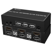 4K HDMI+8K DP Dual Monitor KVM Switch 2x1 Extended Display 2 PC Or Laptop Sharing 3 USB For Mouse Keyboard Printer Udisk
