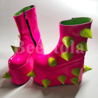 Women Pitaya Shaped High Platform Boots Chunky Sole Side Zipper Mixed Color Round Toe Mid-Calf Boot Party Cosplay Shoes Size 49