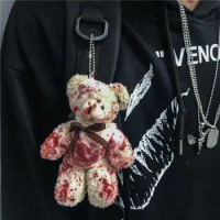 Cool Punk Bloody Plush Bear Keychain Halloween Injured Animal Bear Key Ring Wholesale