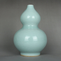 晚清天藍釉葫蘆瓶 裂紋釉小花瓶 古玩古董陶瓷器手工仿古收藏擺件