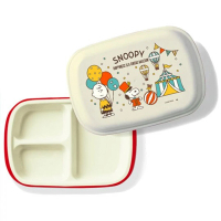 【小禮堂】SNOOPY 史努比 日本製 塑膠餐盤 附蓋 方形 三格 便當盒 餐盒 菜盤 《米 汽球》