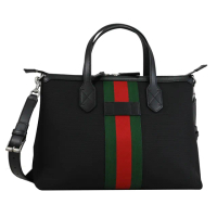 【GUCCI 古馳】經典綠紅綠織帶帆布拼接手提包托特包兩用包(黑)