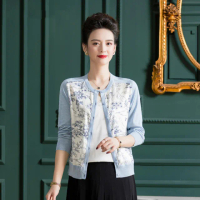 【Paiya 派亞】桑蠶絲拼接針織衫圓領真絲外搭上衣薄款印花外套(L-4XL)