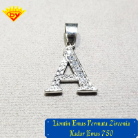 Liontin Emas Putih Huruf Permata Zirconia Kadar Emas 750