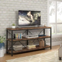 55 Inches Long Sofa Table with Storage Shelves, 3 Tiers Industrial Rustic Console Table, Open TV Shelf for Living Room, Hallway