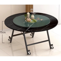 可移動折疊玻璃轉盤圓形餐桌(黑理石紋)(尺寸:1.8米圓桌+1.2米轉盤，高75CM)