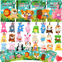28Packs Valentines Day Greeting Cards with Stuffed Animals Keychains Small Plush Animals Toys Bulk f