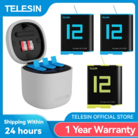 TELESIN 1750mAh Battery For GoPro Hero 9 10 11 12 Battery 3 Slot Silicone Anti-fall Waterproof Charging Box with TF Card Reader