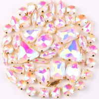 Gold claw setting 50pcs/bag shapes mix jelly candy white AB glass crystal sew on rhinestone wedding dress shoes bags diy trim