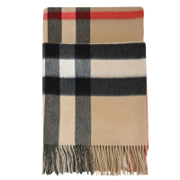 【BURBERRY 巴寶莉】英系經典格紋100%喀什米爾羊毛披肩毛毯長圍巾(卡其)