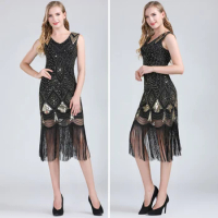 Roaring 20s Great Gatsby Dress 1920s Flapper Dress Vintage Evening Party Gown Embellished Sequin Tassel Midi Dress