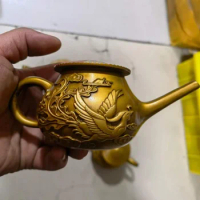 Antique Pure Copper Long Mouth Old Fisherman Pot Relief Dragon and Phoenix Teapot Copper Teapot Small Wine Pot Handle Pot Decora