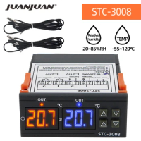 STC-3008 Digital Temperature Controller AC 110V 220V DC 12V 24V Hygrometer Sensor Heating Cooling Dual Relay Output Thermostat