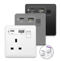 18W Type-C Plug Quick Charging Uk 13A Usb Wall Socket,Electrical Outlet with 3.1A USB C,Universal Dual 5-pin Power Socket Panel