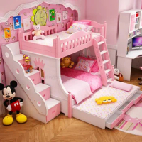 Loft Bed With Drawers Creative And Lovely Pink Two-Story Bed For Girls From 5 To 8 Years