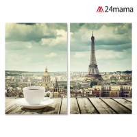 【24mama 掛畫】二聯式 油畫布 風景 城市 咖啡 巴黎鐵塔 艾菲爾鐵塔 下午茶 無框畫 40x60cm(巴黎午茶)