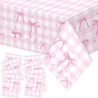 Oudain 4 Pcs Coquette Pink Bow Tablecloth Pink Gingham Tablecloth 87 x 51 in Checkered Bow Table Clo