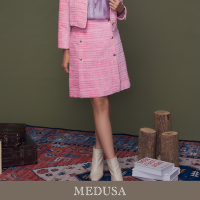 現貨【MEDUSA 曼度莎】粉紅絨布小香風A字裙（M-XL）｜裙子 西裝短裙 小香風套裝裙