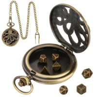 Bronze Retro Octopus Pocket Watch Case with 7pcs Metal Polyhedral Table Game Dice Accessory