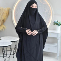 ABAYA SET HAJI UMROH+FRENCH KHIMAR JERSEY - HITAM, SET GAMIS+KHIMAR STANDAR