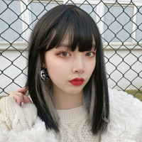 網紅中短髮造型 齊瀏海耳圈染雙色中短髮假髮﹝黑色+奶奶灰﹞【本商品含有兒少不宜內容】