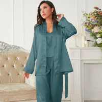 Satin Women's Pajama Set 3 Pieces Summer Ladies Slip Sleepwear Solid Silk Like Comfortable Long Sleeve Autumn Pijama For Female