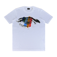 PAUL SMITH燙印LOGO彩色條紋搭配手繪眼睛圖案有機純棉短袖T恤(男款/白x黑)