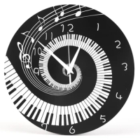 Elegant Piano Key Clock Music Notes Wave Round Modern Wall Clock Without Battery Black + White Acrylic