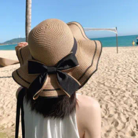 Summer Women Sun Hat 2024 Casual Fashion Bowtie Fisherman Hat UV Protect Straw Hat Travel Beach Hat