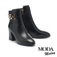 【MODA Moday】時尚品味金屬方釦帶牛皮高跟短靴(黑)