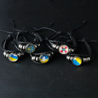 Ukraine Beaded Bracelet for Men Jewelry Ukraine Flag Trident Symbol Snap Button Bracelets Bangle Multilayer PU Leather Bracelet