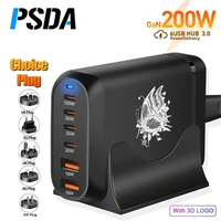 PSDA 2D 6 Ports 200W GaN Power Adapter PD 65W Fast Charger Type-C Charging Station for MacBook iPhone Samsung Xiaomi