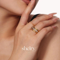 Gold Trinity Gleam - Nhẫn nhiều tầng đính đá giữa, thép không gỉ mạ vàng, phong cách Âu Mỹ cá tính, 