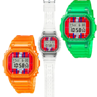 【CASIO 卡西歐】G-SHOCK 佐藤可士和聯名錶替換錶帶禮盒組(橘白綠x透明錶帶_DWE-5600KS-7)