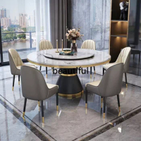 New Modern Dining Room Furniture Luxury Round Marble Top Dining Table And Leather Chair Set For Hotel Restaurant