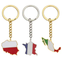 Dreamtimes France Poland Mexico Map Pendant Keychain for Women Men Stainless Steel Key Ring Qatar Ghana Syria Haiti Jewelry