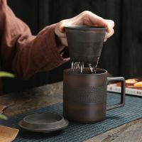 紫陶馬克杯帶蓋過濾茶水分離辦公室手工紫砂茶杯家用水杯子刻字