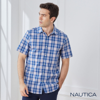 Nautica 男裝 吸濕排汗藍紅格紋短袖襯衫-藍