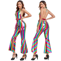 Halloween Stage Performance Stripes Vintage 70s Disco Dancing Costume Retro Carnival Party 60s 70s Rock Hippie Cosplay Jumpsuit
