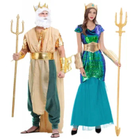 Halloween Women Sea Siren Mermaid Queen Costumes Men Neptune King Costume Poseidon Outfits Purim Party Mardi Gras Fancy Dress