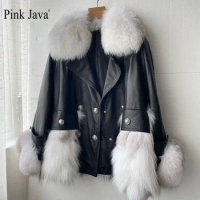 pink java QC21020 women fashion real fox fur jacket winter fur coat real leather jackets natural sheep leather clothes